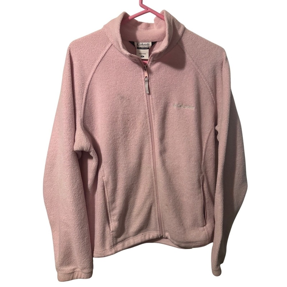 Columbia Womens XL Full Zip Fleece Jacket Pink Mock Neck Raglan Sleeve Soft Coat